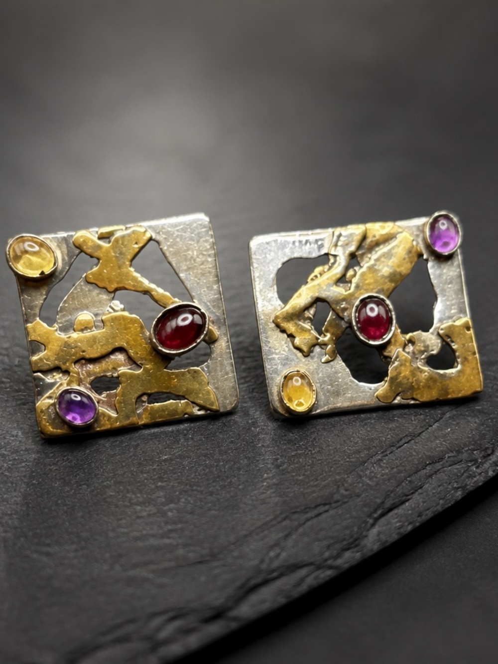 Handcrafted Mixed-Metal Square Earrings with Multicolor Gem Accents